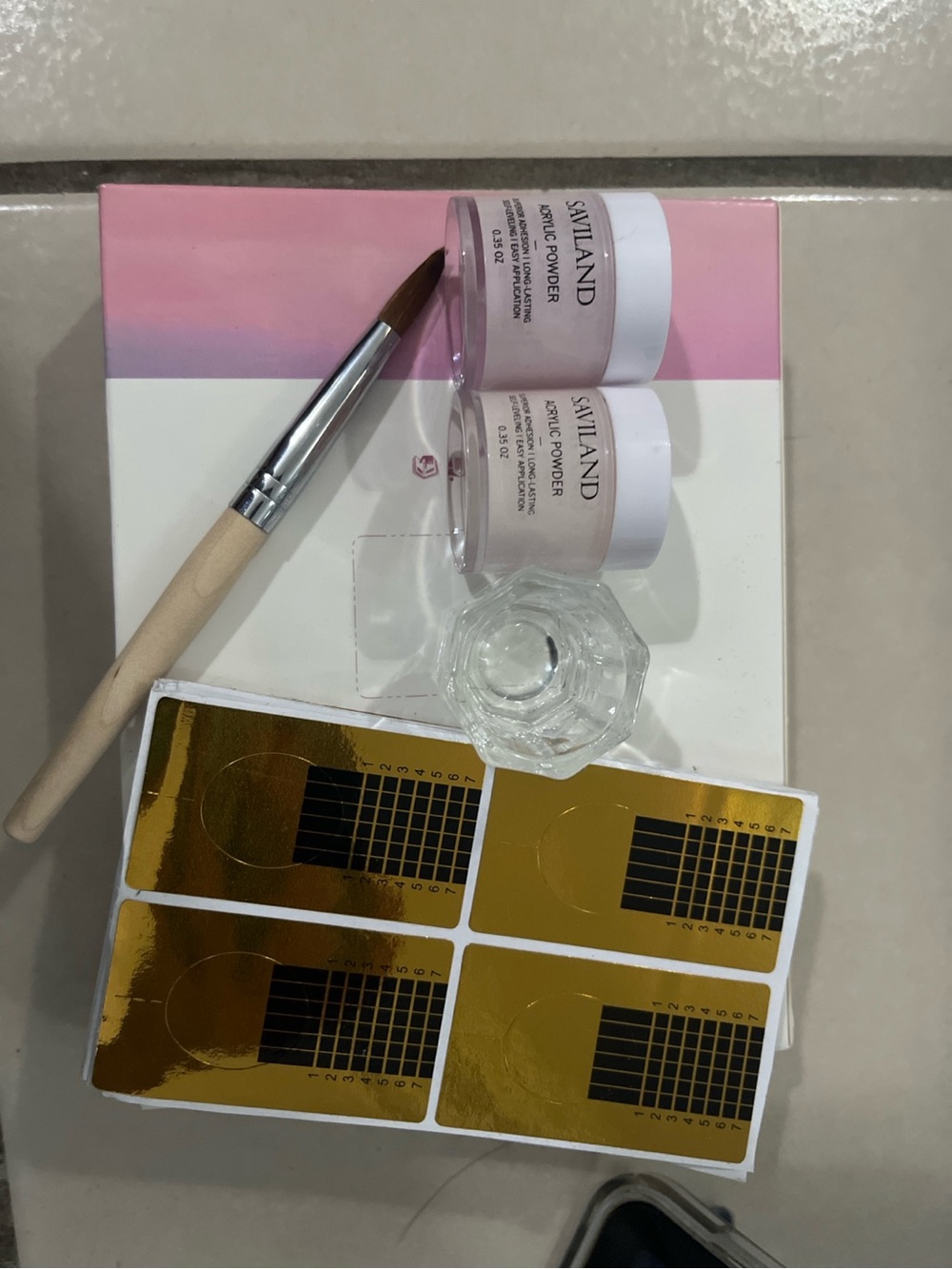 Pink Acrylic Nail Powder Kit with Brush and Gold Forms